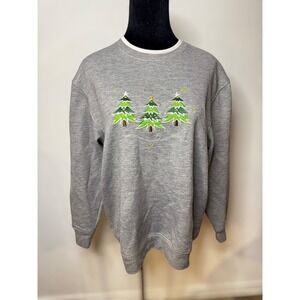 Bobbie Brooks Vintage Womens Gray Christmas Embroidered Grandma Crewneck Sweater